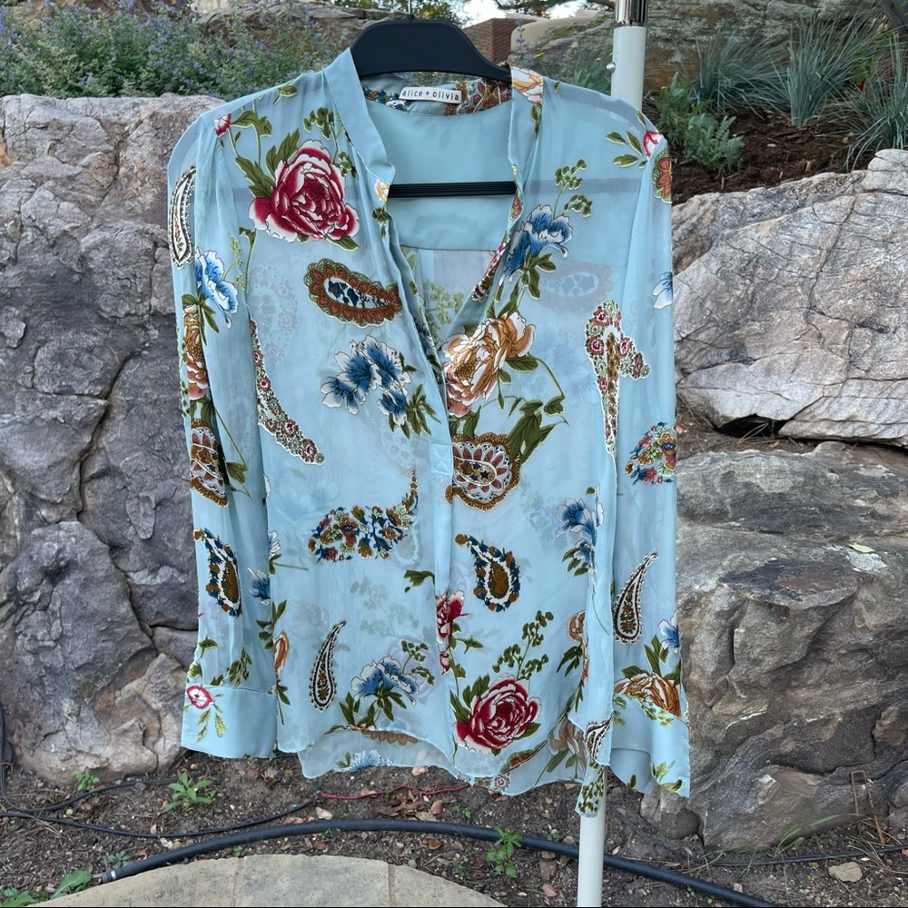 Alice and Olivia floral top in light blue sheer